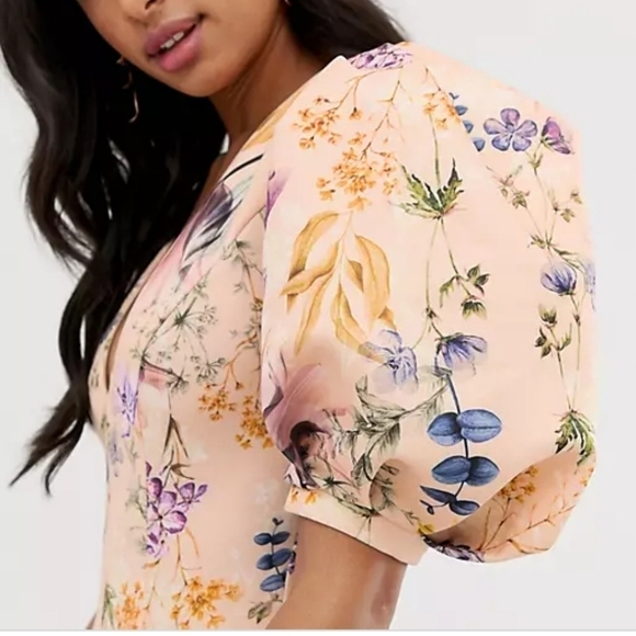 ASOS DESIGN‎  botanical floral bubble sleeve seamed midi dress - Picture 3 of 4